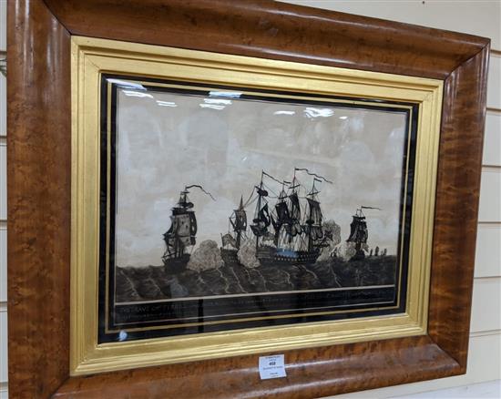 A 19th century reverse painted glass silhouette, The Brave Capt Tyrrill in the Buckingham of 66 guns and 472 men defeating the Florissa